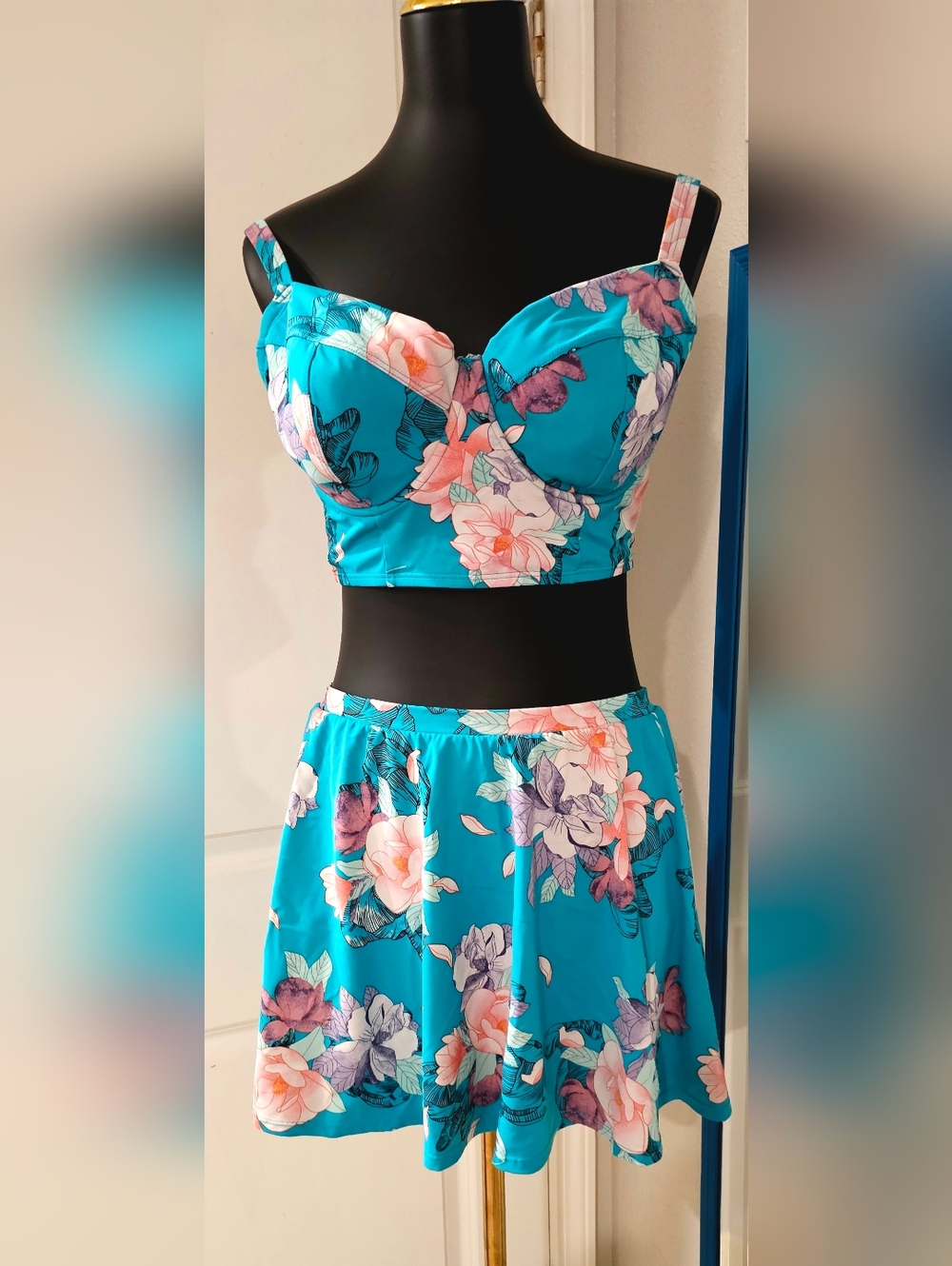 Torrid Turquoise Floral Longline Swim Top &  A-Line Skirt - Size 0D/DD & 1